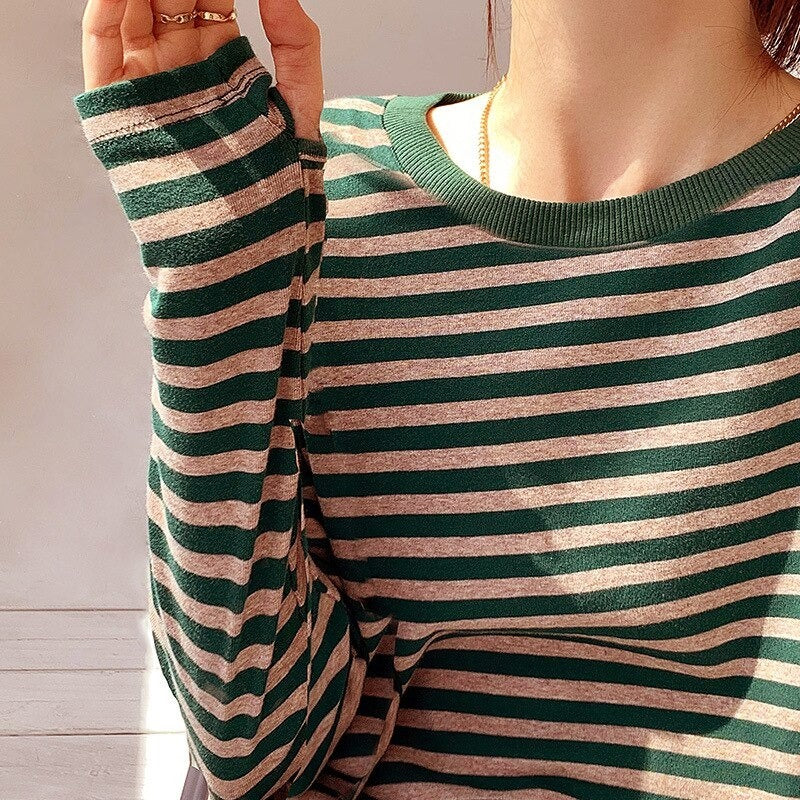Casual Thick Stripes Knitted Cotton T-Shirts For Women-Soco Hoodie