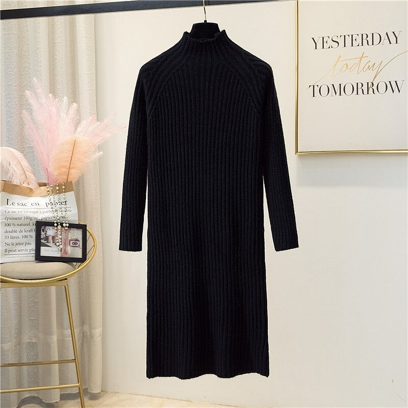 Korean Mock Neck Knitted Dress For Women-Soco Hoodie