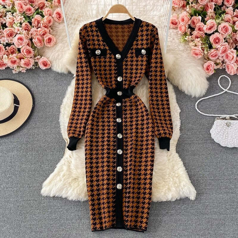 Elegant Plaid Houndstooth Knitted Dress For Women-Soco Hoodie