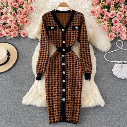Elegant Plaid Houndstooth Knitted Dress For Women-Soco Hoodie