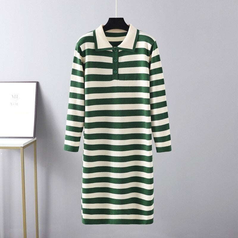 Casual Loose Stripe Knitted Warm Sweater Dress For Women-Soco Hoodie