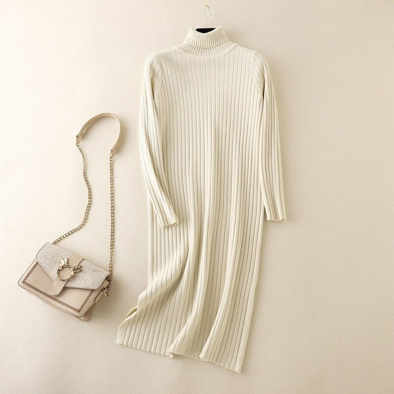 Turtleneck Long Knitted Sweater Dress For Women-Soco Hoodie