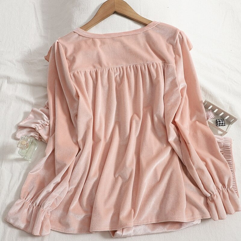 Loose Long-Sleeved Women's Ruffles Velvet Suit Set-Soco Hoodie
