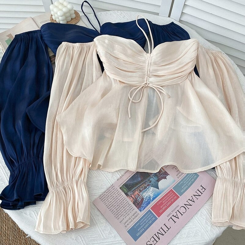 Stylish Pleated Drawstring Lace Off-Shoulder Shirt Blouses For Women-Soco Hoodie