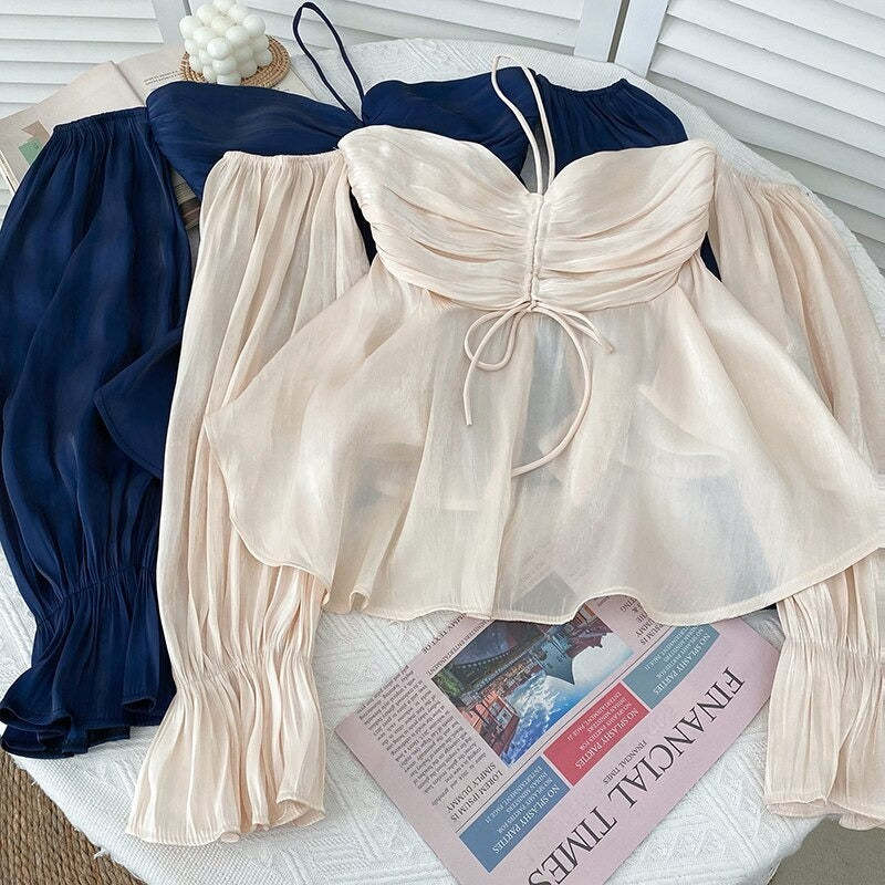 Stylish Pleated Drawstring Lace Off-Shoulder Shirt Blouses For Women-Soco Hoodie