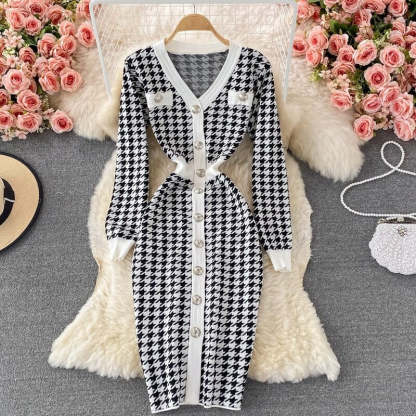 Elegant Plaid Houndstooth Knitted Dress For Women-Soco Hoodie