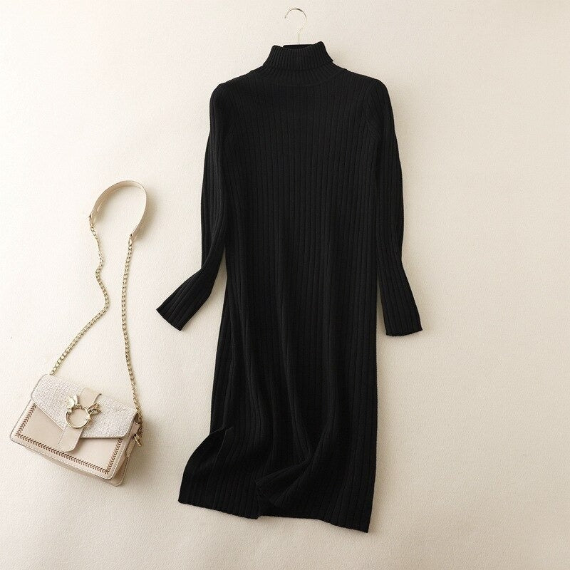 Turtleneck Long Knitted Sweater Dress For Women-Soco Hoodie
