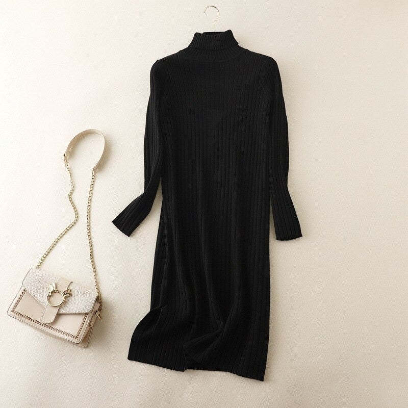 Turtleneck Long Knitted Sweater Dress For Women-Soco Hoodie