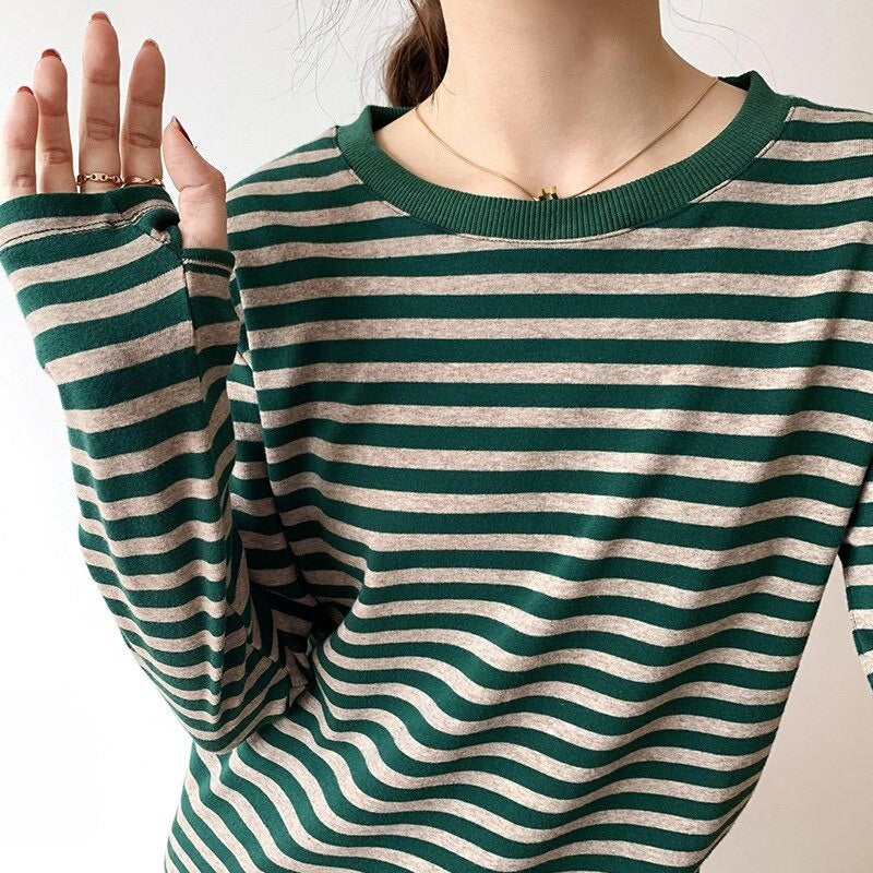 Casual Thick Stripes Knitted Cotton T-Shirts For Women-Soco Hoodie