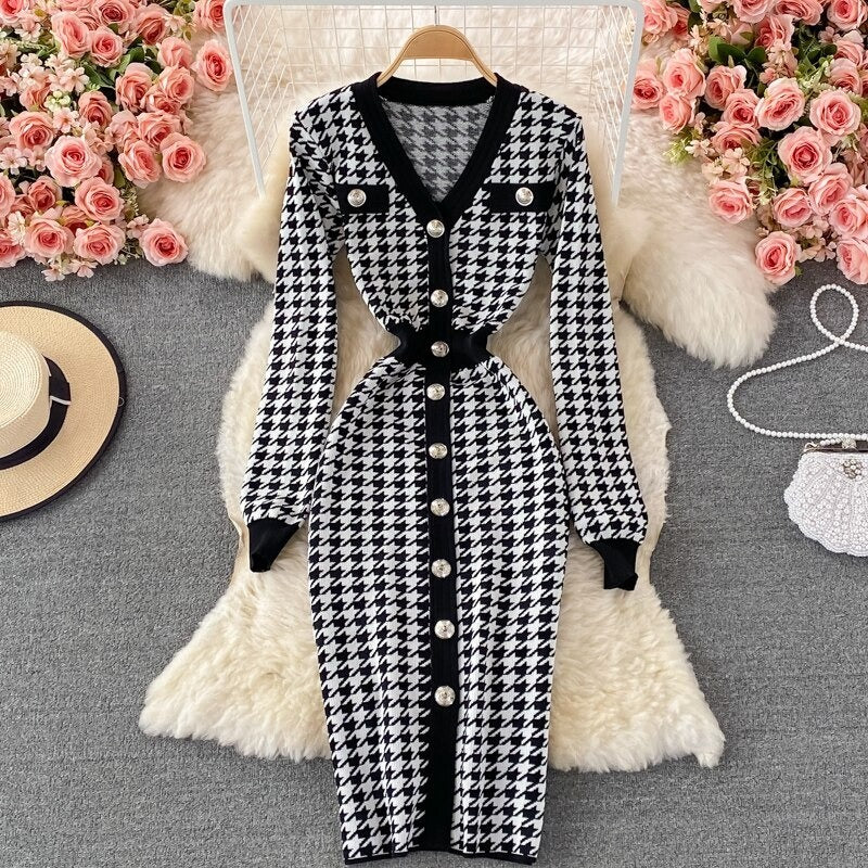 Elegant Plaid Houndstooth Knitted Dress For Women-Soco Hoodie