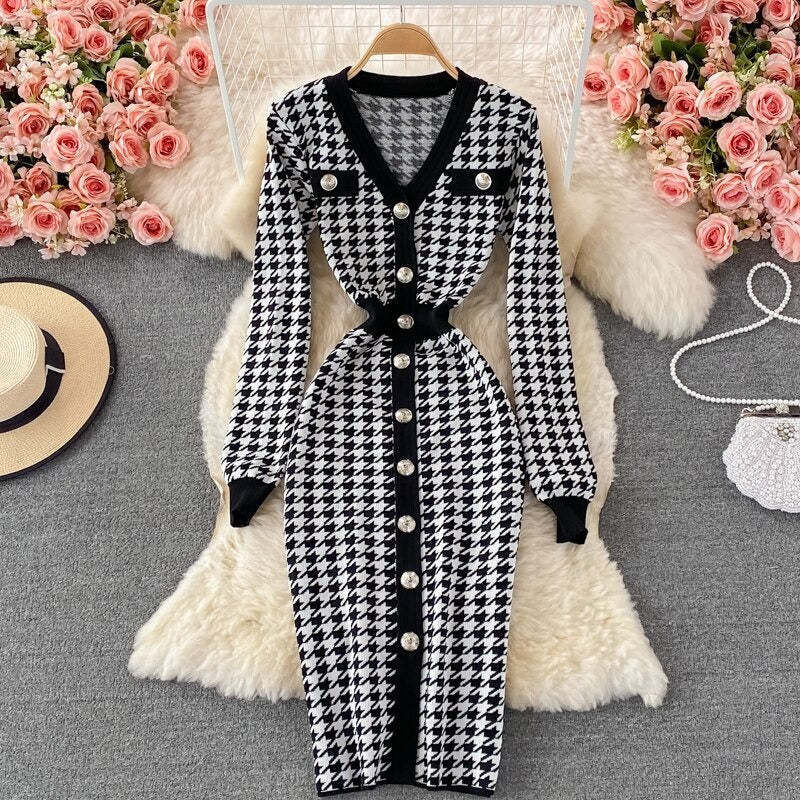 Elegant Plaid Houndstooth Knitted Dress For Women-Soco Hoodie
