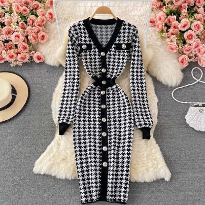 Elegant Plaid Houndstooth Knitted Dress For Women-Soco Hoodie