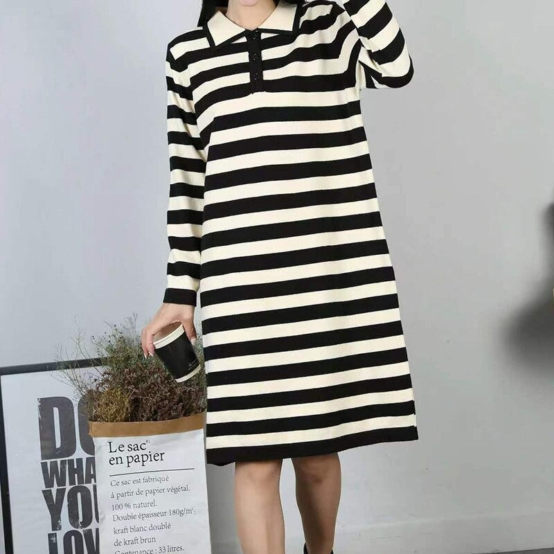 Casual Loose Stripe Knitted Warm Sweater Dress For Women-Soco Hoodie