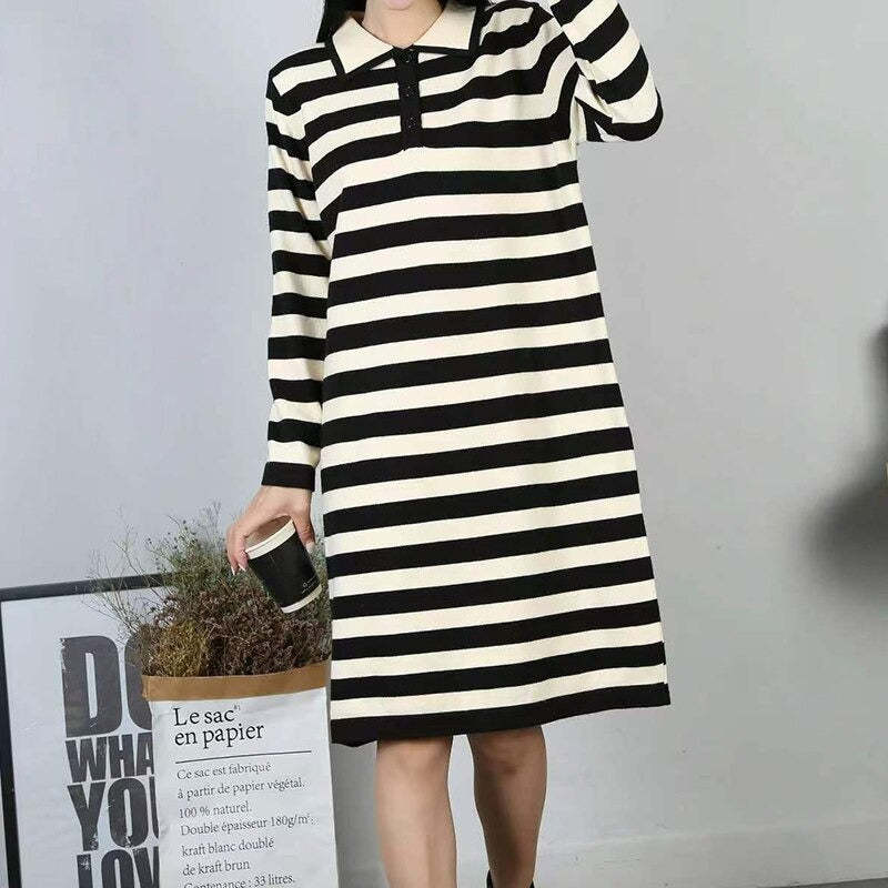 Casual Loose Stripe Knitted Warm Sweater Dress For Women-Soco Hoodie