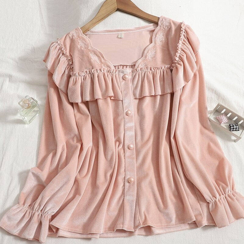 Loose Long-Sleeved Women's Ruffles Velvet Suit Set-Soco Hoodie