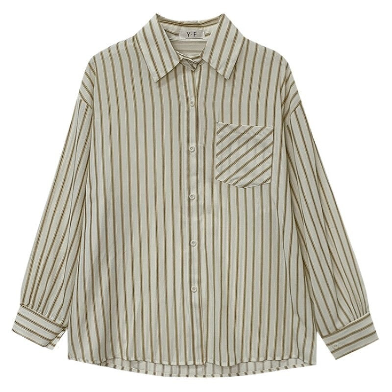 Korean Vertical Striped Long-Sleeved Shirt For Women-Soco Hoodie