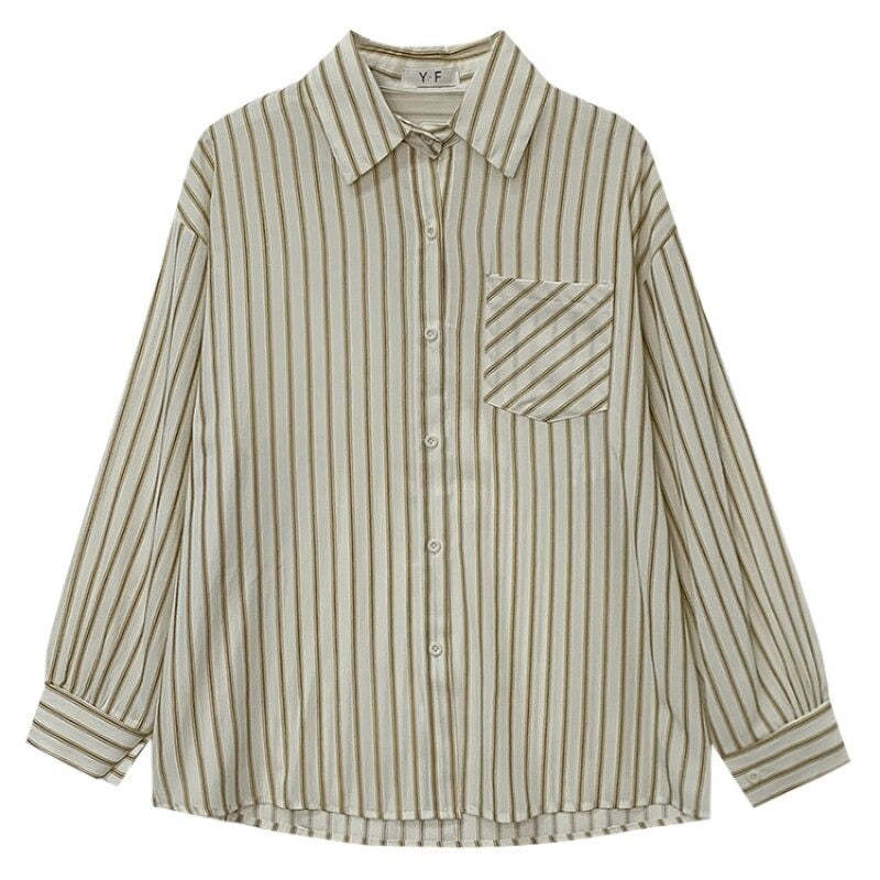 Korean Vertical Striped Long-Sleeved Shirt For Women-Soco Hoodie