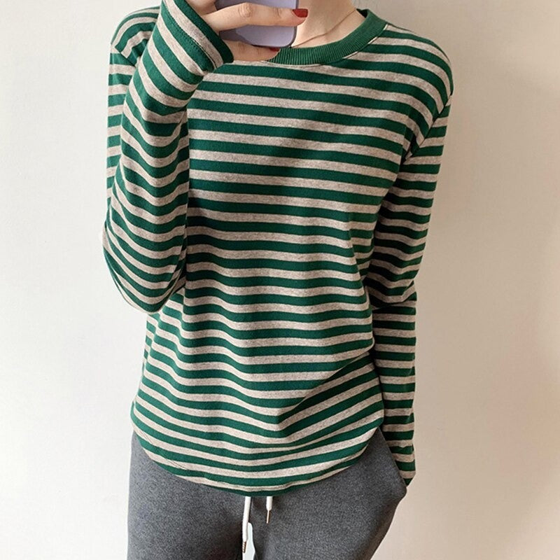 Casual Thick Stripes Knitted Cotton T-Shirts For Women-Soco Hoodie