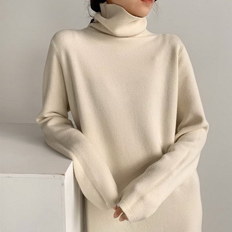 Simple Loose Lazy Turtleneck Sweater Dress-Soco Hoodie