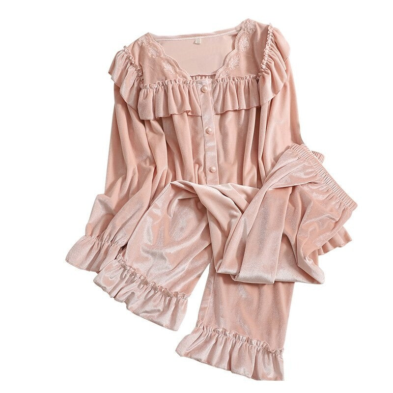 Loose Long-Sleeved Women's Ruffles Velvet Suit Set-Soco Hoodie
