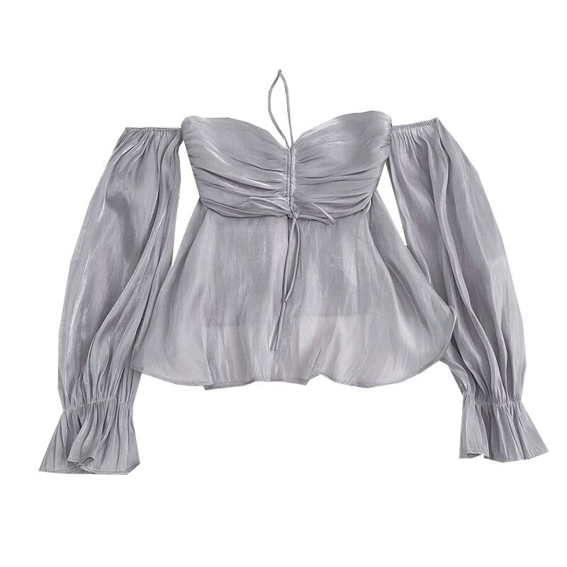 Stylish Pleated Drawstring Lace Off-Shoulder Shirt Blouses For Women-Soco Hoodie