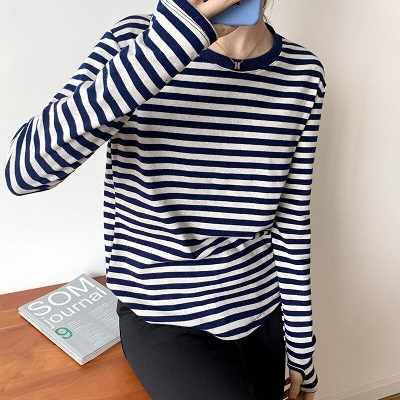 Casual Thick Stripes Knitted Cotton T-Shirts For Women-Soco Hoodie