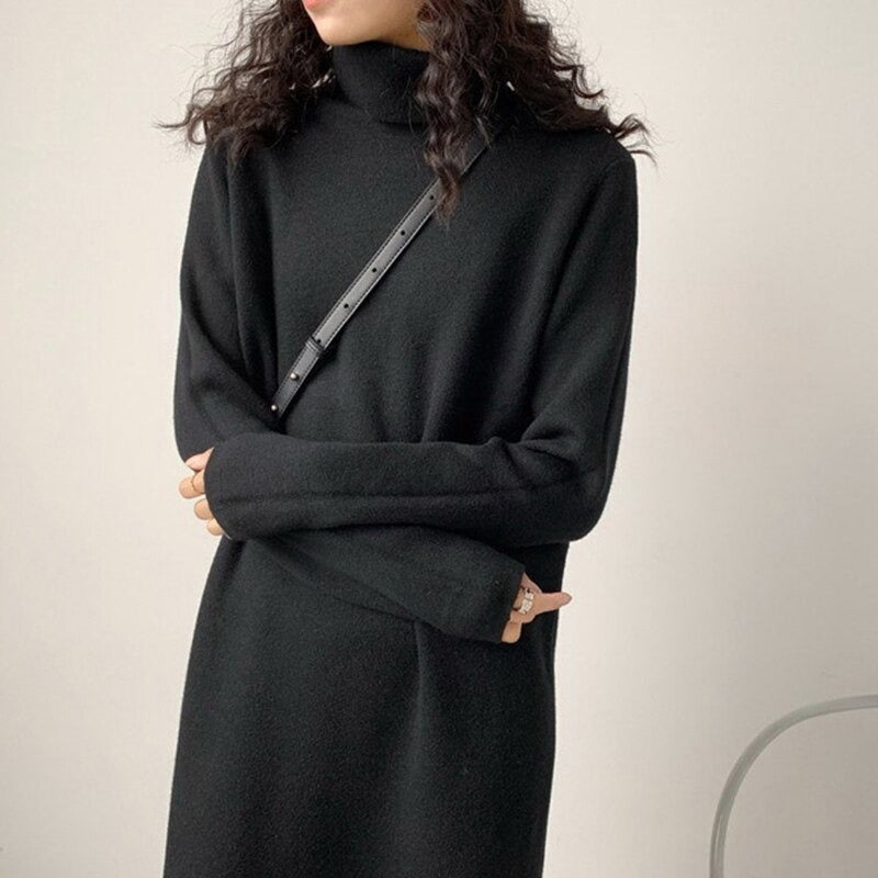 Simple Loose Lazy Turtleneck Sweater Dress-Soco Hoodie