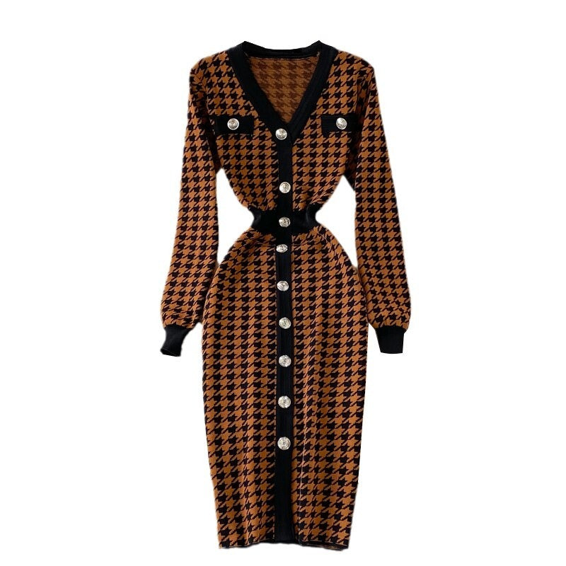 Elegant Plaid Houndstooth Knitted Dress For Women-Soco Hoodie