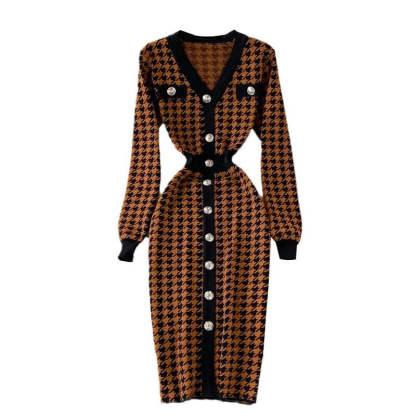 Elegant Plaid Houndstooth Knitted Dress For Women-Soco Hoodie