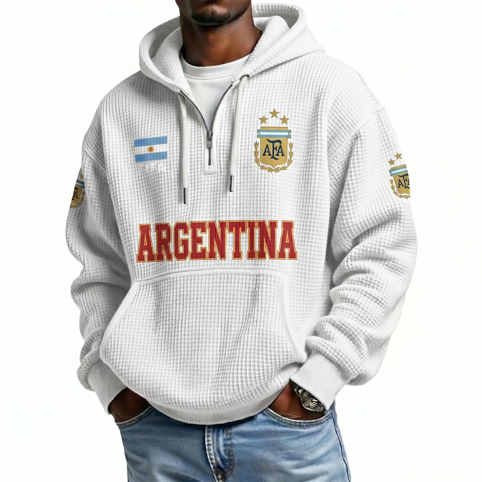 Argentina Printed Waffle Quarter Zip Football Fan Hoodie