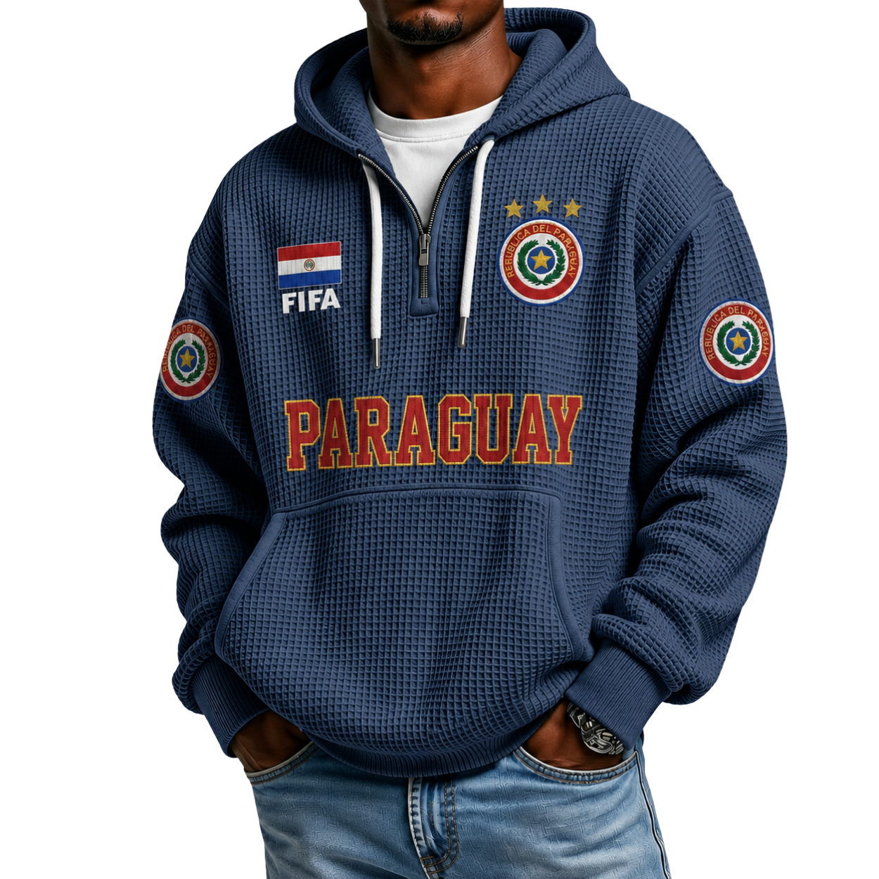 FIFA 2026 Paraguay Printed Waffle Quarter Zip Football Fan Hoodie