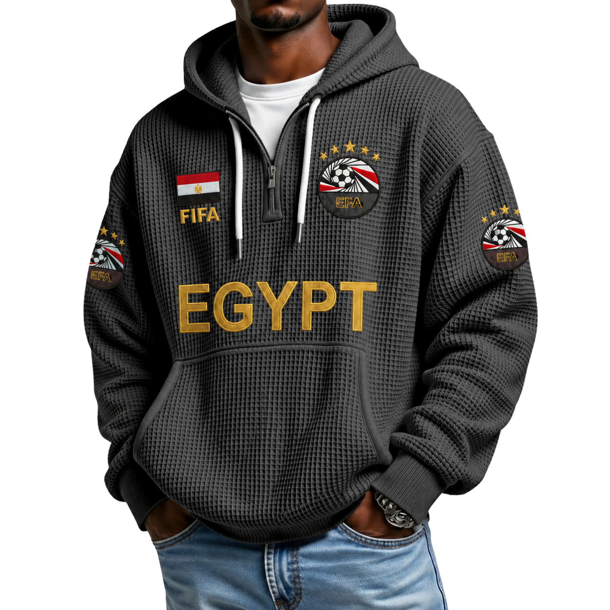 FIFA 2026 Egypt Printed Waffle Quarter Zip Football Fan Hoodie