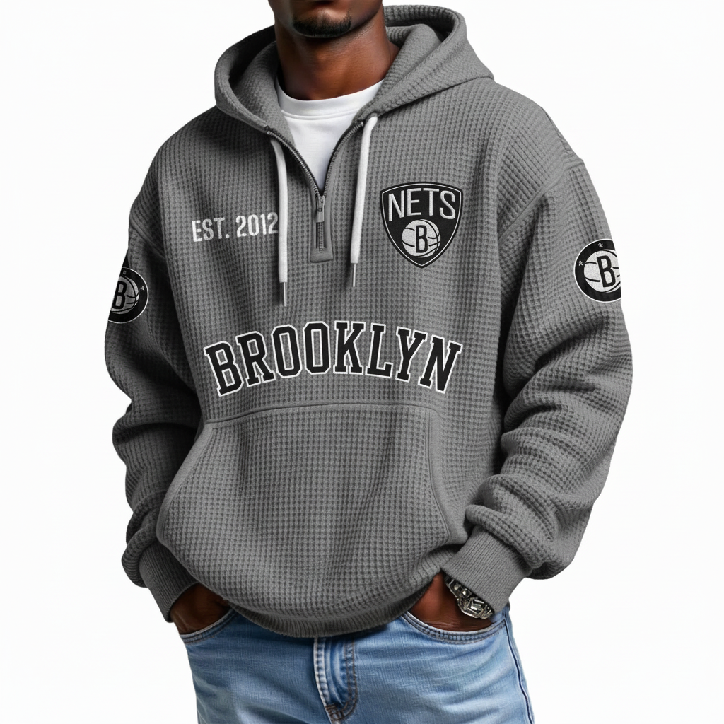 Brooklyn Nets EST 1967 Printed Waffle Quarter Zip Basketball Fan Hoodie