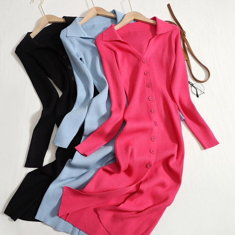 Button Down Elastic Knitted Sweater Dress-Soco Hoodie