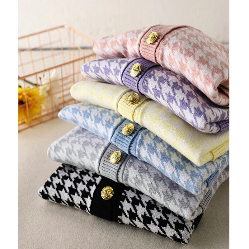 Elegant Houndstooth Knit Oversized Cardigan For Women-Soco Hoodie