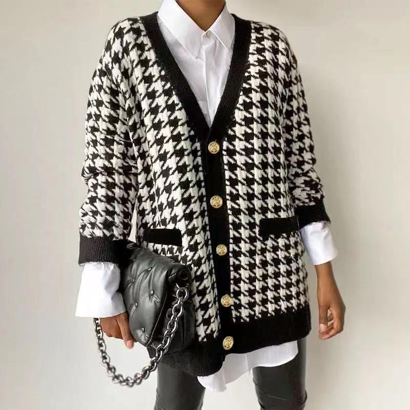 Elegant Houndstooth Knit Oversized Cardigan For Women-Soco Hoodie