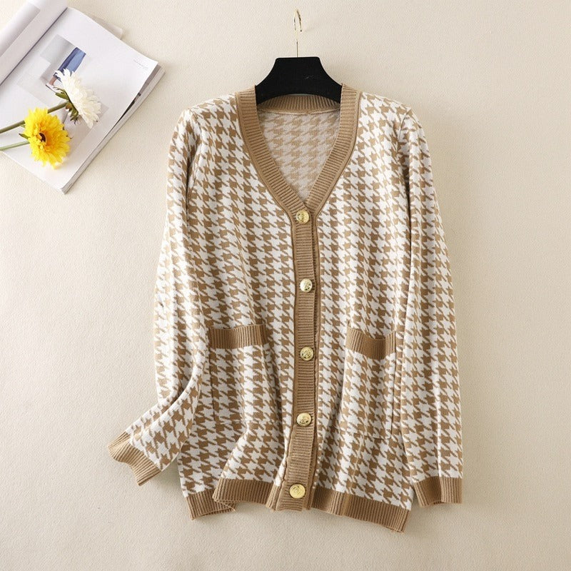 Elegant Houndstooth Knit Oversized Cardigan For Women-Soco Hoodie