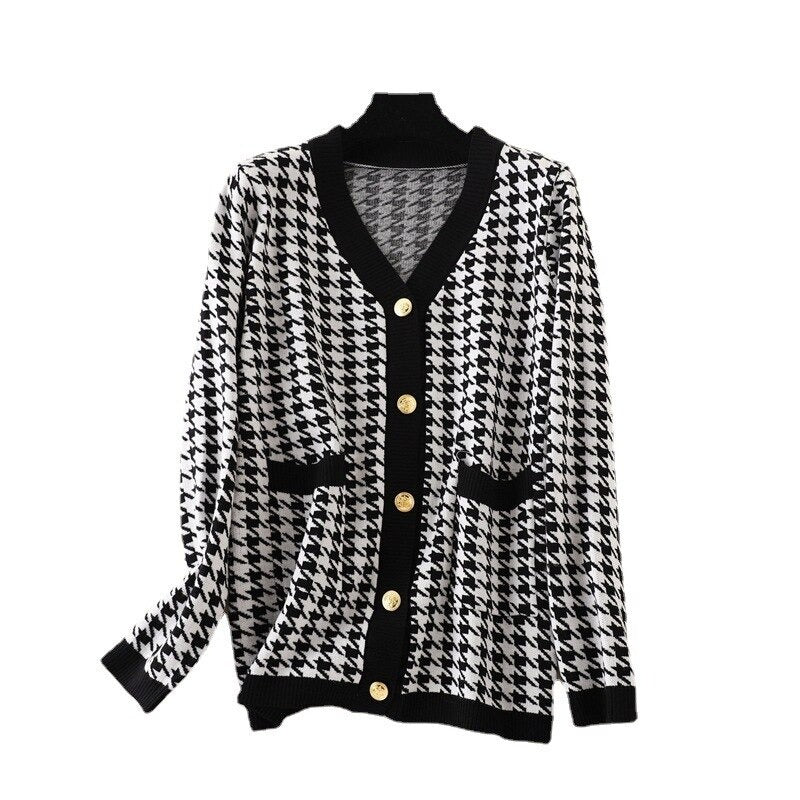 Elegant Houndstooth Knit Oversized Cardigan For Women-Soco Hoodie