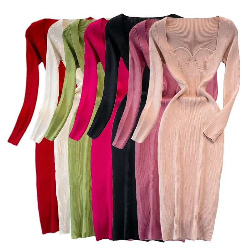 Women's Low-Neck Leaky Tight Stretch Knitted Dress-Soco Hoodie