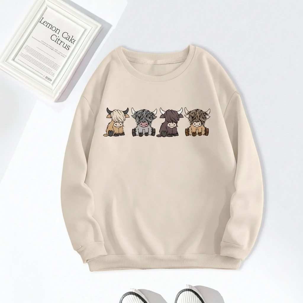 Apricot Cartoon Highland Cow Graphic Print Sweatshirt