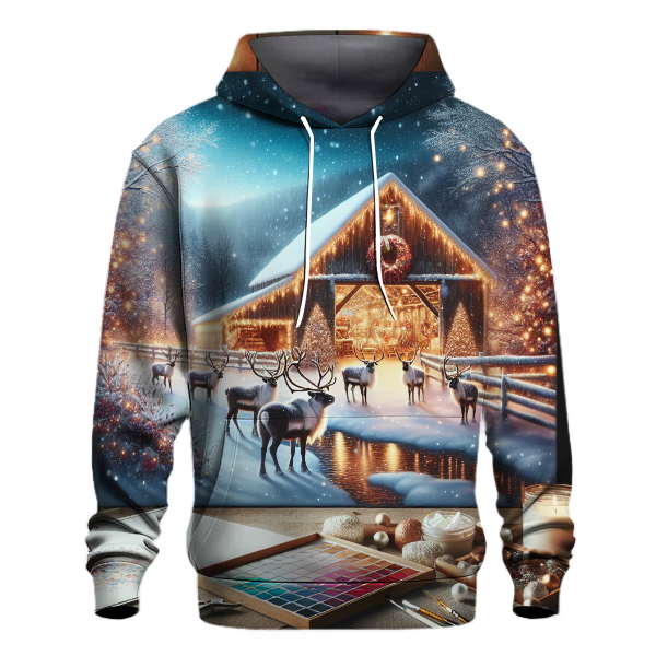 Reindeer Barn Christmas Scene Hoodie