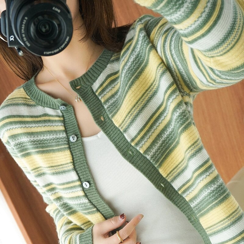 O-Neck Cashmere Knitted Striped Cardigan For Women-Soco Hoodie