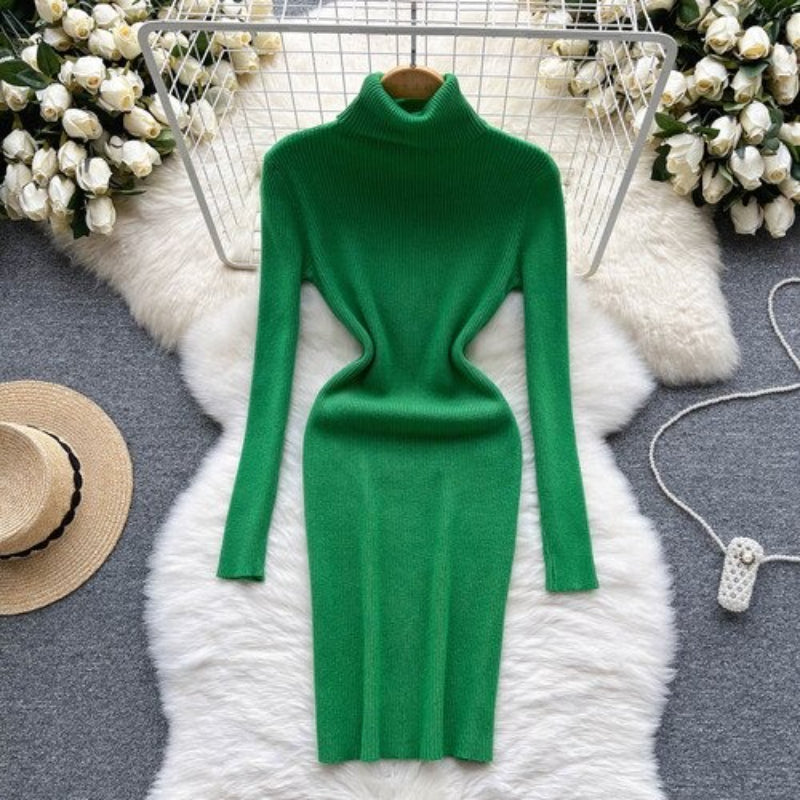 Long Sleeves Turtleneck Sheath Sweater Dress For Women-Soco Hoodie