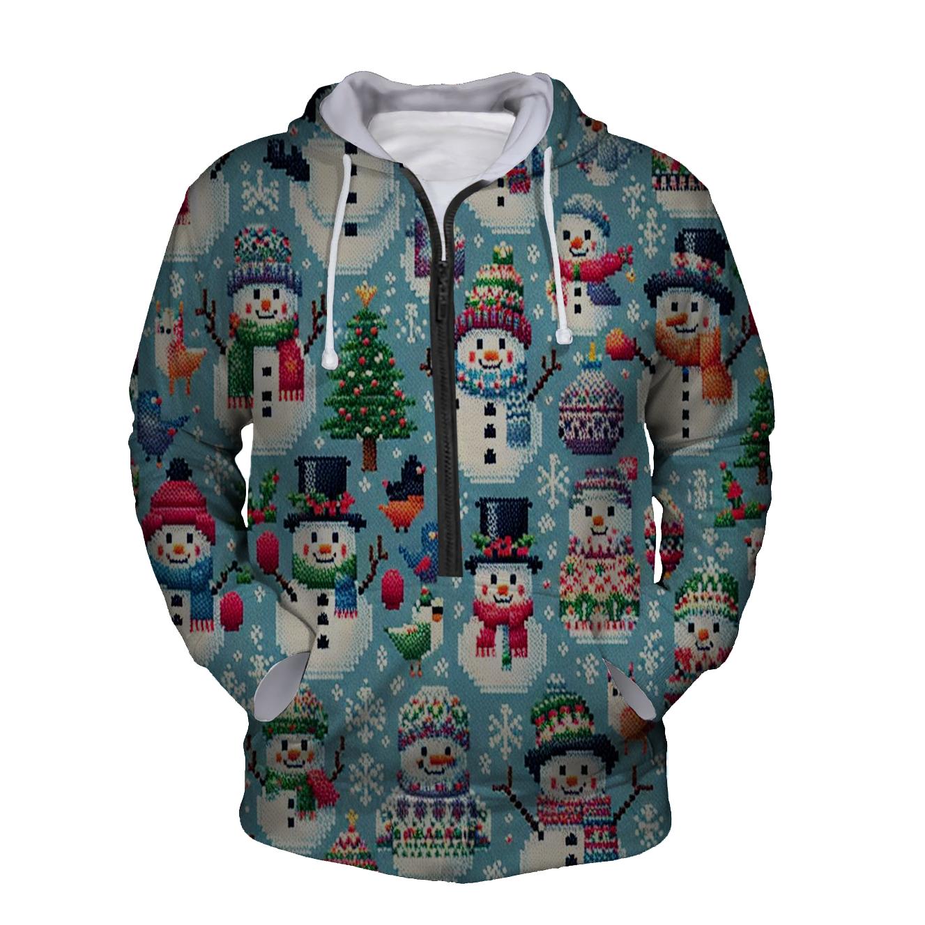 Whimsical Snowman Gathering Design Half Zip Hoodie