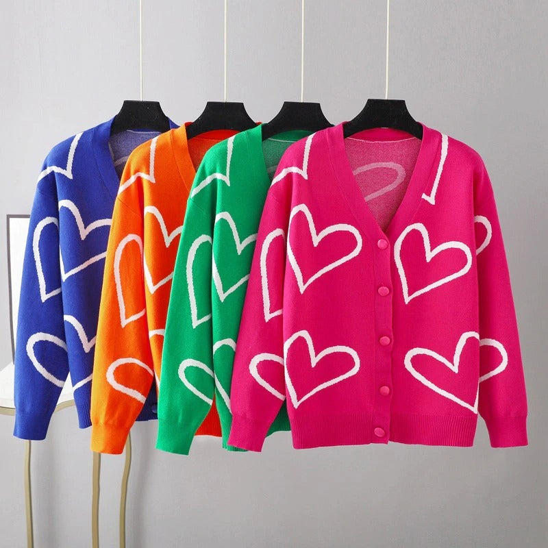 Heart Pattern Knit Oversized Drop Shoulder Cardigan-Soco Hoodie
