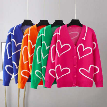Heart Pattern Knit Oversized Drop Shoulder Cardigan-Soco Hoodie