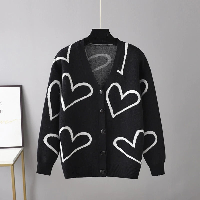Heart Pattern Knit Oversized Drop Shoulder Cardigan-Soco Hoodie
