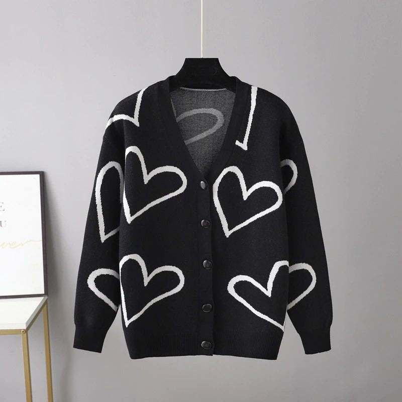 Heart Pattern Knit Oversized Drop Shoulder Cardigan-Soco Hoodie