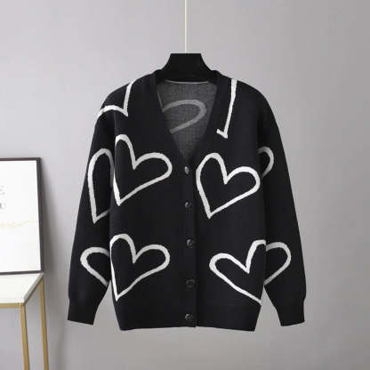 Heart Pattern Knit Oversized Drop Shoulder Cardigan-Soco Hoodie