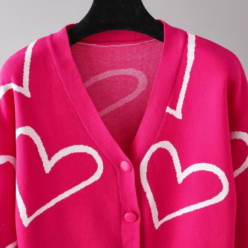 Heart Pattern Knit Oversized Drop Shoulder Cardigan-Soco Hoodie